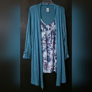 Terra & Sky Teal/ Cool Water, Knit Cardigan Over Attached Floral Tank Size 2X